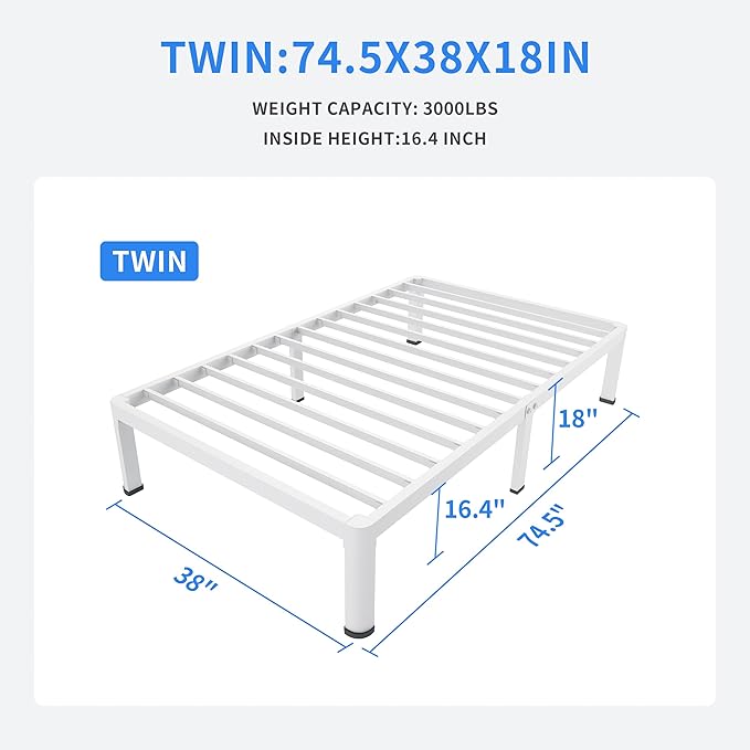 MAF 18 Inch Twin Bed Frames White with Round Corner Legs Mattress Slide Stopper No Box Spring Needed Heavy Duty Metal Platform Bed Frame Under-Bed Storage Space, 3000 LBS Steel Slats Support