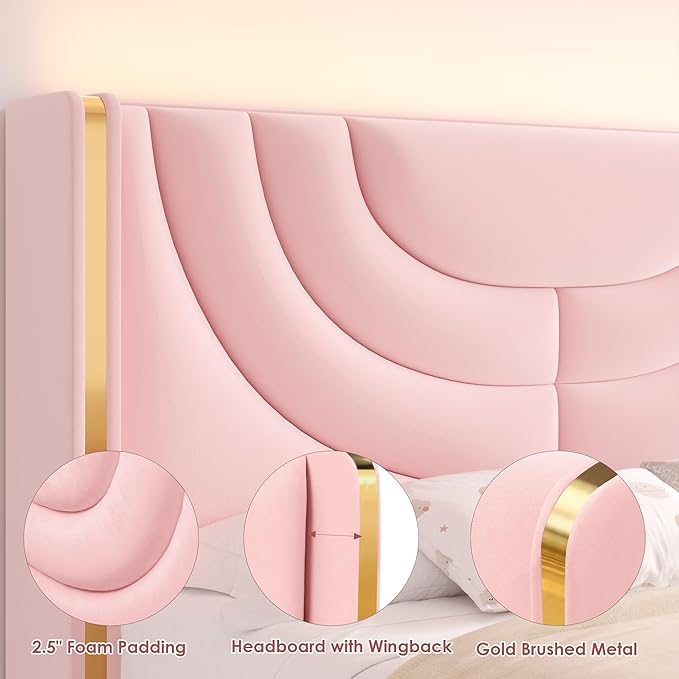 HITHOS Full Upholstered LED Bed Frame with 2 Storage Drawers, Velvet Platform Bed with Wingback Headboard, Solid Wooden Slats Support, No Box Spring Needed, Headboard Splicing Design, Pink