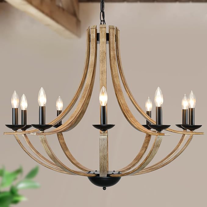 Farmhouse Chandeliers for Dining Room Light Fixture, 10-Light 35" Adjustable Height Retro Faux Wood Texture Rustic Light Fixtures for Living Room Bedroom Kitchen Island Foyer Entryway