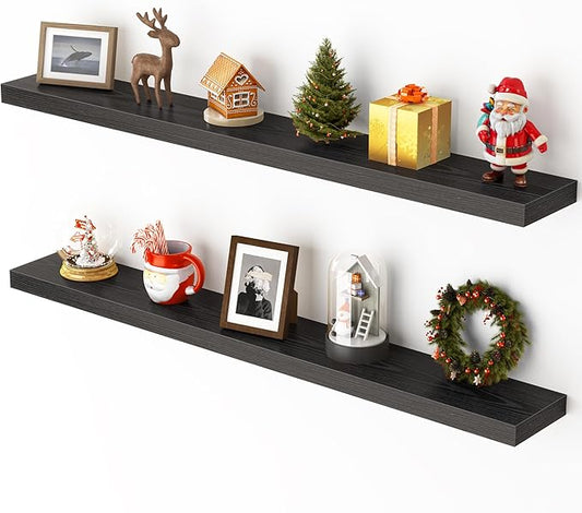 Heimlove 48 Inch Floating Shelves for Wall,Extra Long Wood Shelves Mounted Storage Hanging Shelf Invisible Bracket for Bedroom,Living Room,Kitchen,Office,Set of 2,Black