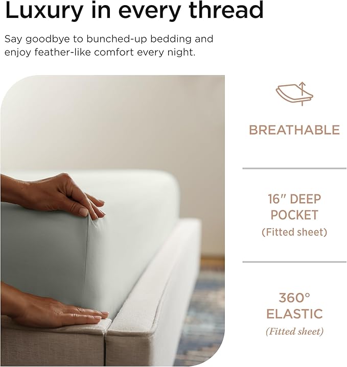 Threadmill 100% Cotton Sheets for King Size Bed - 600 Thread Count King Bed Sheets Set with 16” Deep Pocket - Sateen Weave 4-Piece Bedding Set with Cooling Effect, Light Grey