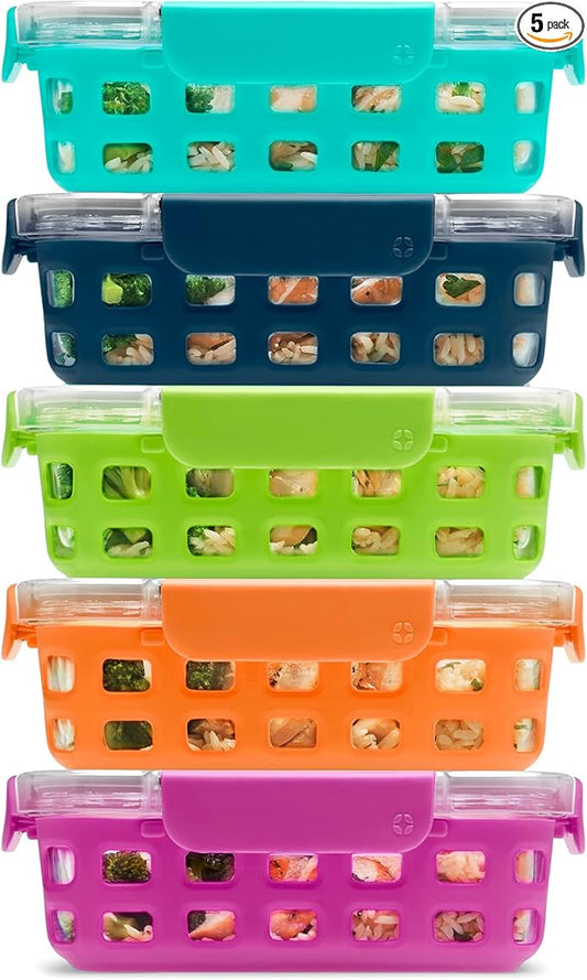 Ello Duraglass 3.4 Cup Meal Prep Sets 10Pc, 5 Pack Set- Glass Food Storage Container with Silicone Sleeve and Airtight BPA-Free Plastic Lids, Dishwasher, Microwave, and Freezer Safe, Fruit Salad