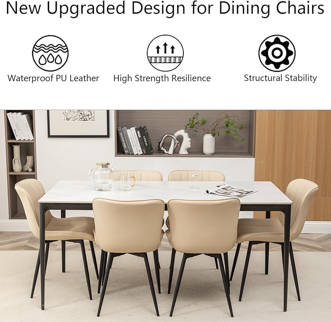 Leather Dining Chairs Set of 4, Upholstered Dining Room Chairs with Metal Legs, Modern Dining Chair for Dining Room, Kitchen (Beige)
