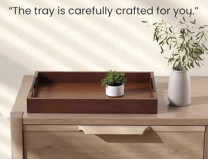 Bamboo Serving Tray with Metal Handles,17x12in Ottoman Decorative Trays Platter for Coffee Table,Living Room,Bar,Party,Large(Brown)