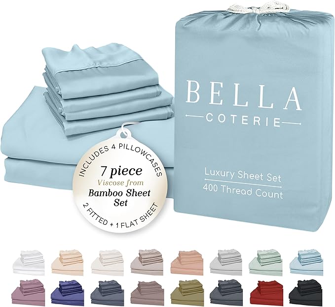 Bella Coterie 7 Piece Luxury Bamboo Viscose Split King Size Sheet Set | 2 Fitted Sheets for Adjustable Beds | 100% Organically Grown | Cooling for Hot Sleepers | 4 Pillowcases [Coastal Blue]