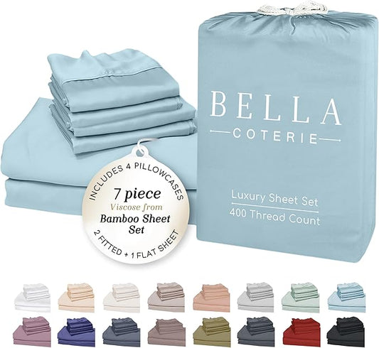 Bella Coterie 7 Piece Luxury Bamboo Viscose Split King Size Sheet Set | 2 Fitted Sheets for Adjustable Beds | 100% Organically Grown | Cooling for Hot Sleepers | 4 Pillowcases [Coastal Blue]