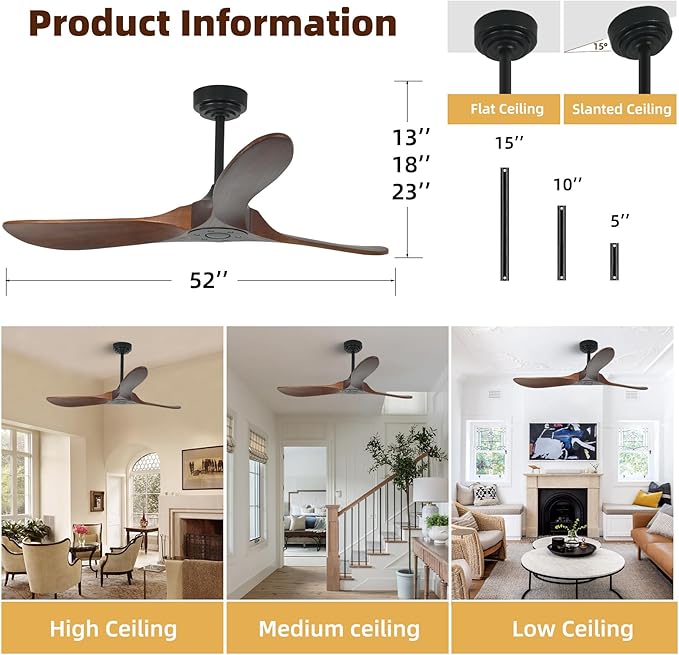 Smart Ceiling Fan no Light, 52 Inch Outdoor Ceiling Fan Without Light, Compatible with Alexa/Google/App, 3 Solid Wood Blades, Modern Wood Fan for Patio, Bedroom, Living Room,Dark Walnut