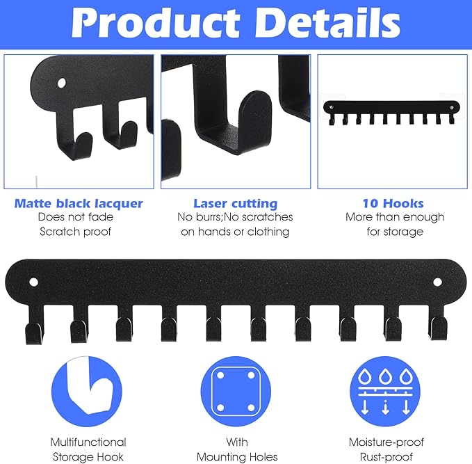 2 Pack Key Holder Wall Mount Adhesive, 10 Hooks for Keys on Wall, No Drill Keys Rack, Black Iron Key Hangers for Living Room, Kitchen, Bathroom, Garage (11.6 x 1.96 Inches)