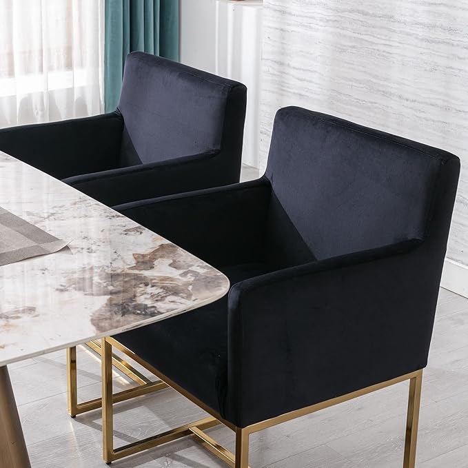 Set of 4 Upholstered Velvet Dining Chairs with Armrest, Mid Century Modern Accent Armchairs, Modern Kitchen & Dining Room Chairs with Gold Frame, Black