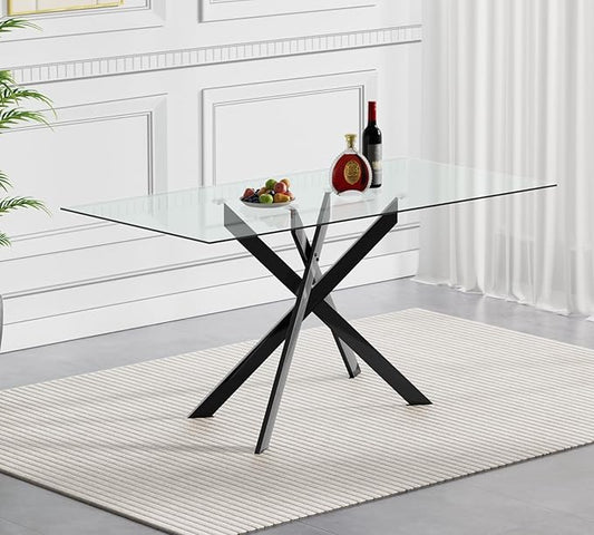 51" Rectangular Glass Dining Table Modern Kitchen Glass Top Table for 4 with Black Metal Legs, Clear Dining Table Kitchen Table for Home Office Dining Room