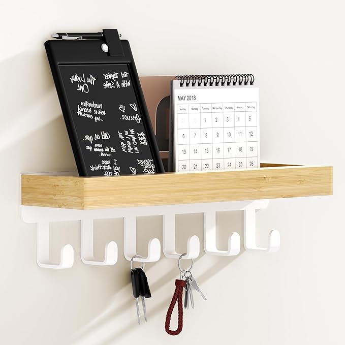 SWTYMIKI Key Holder Wall Mount-Wooden Key Hooks for Wall with Mail Organizer & 6Hooks, 2Installation Ways Key Hanger, Key Rack with Shelf for Entryway Living Room Bedroom Home Decor Wood White Hook
