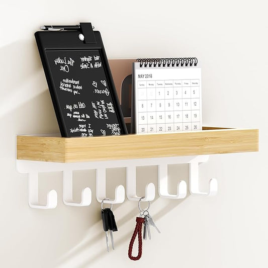 SWTYMIKI Key Holder Wall Mount-Wooden Key Hooks for Wall with Mail Organizer & 6Hooks, 2Installation Ways Key Hanger, Key Rack with Shelf for Entryway Living Room Bedroom Home Decor Wood White Hook