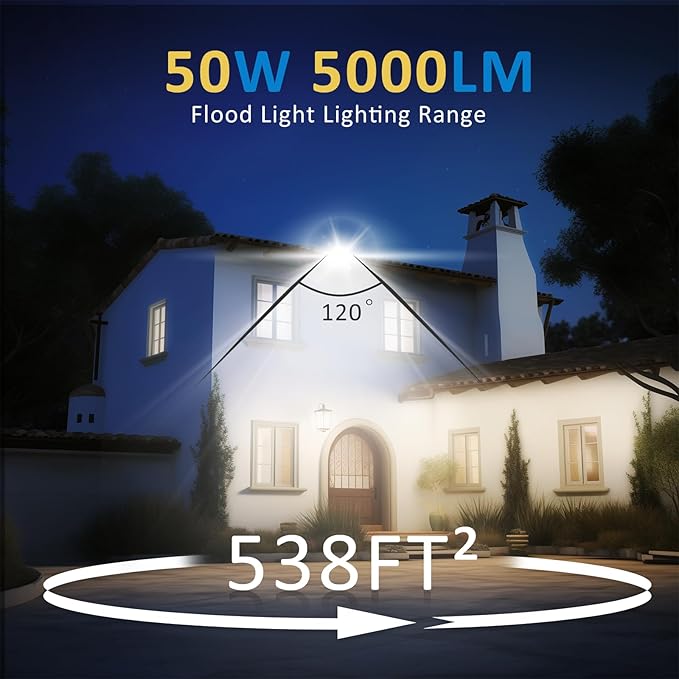 50W LED Flood Light Outdoor, 5000LM Super Bright Floodlight Outside Work Lightwith Plug, 6500K Daylight White LED Flood Light Outdoor, IP66 Waterproof Outdoor Flood Light-2Pack