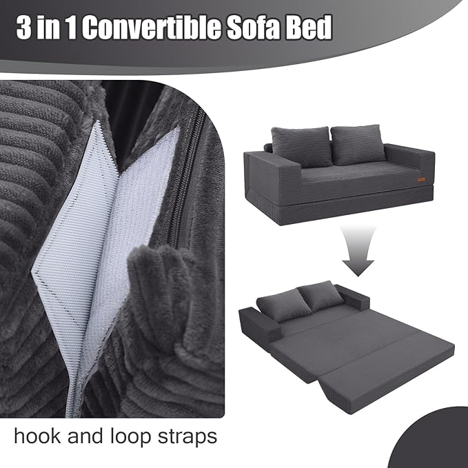 COMAX Convertible Sofa Bed Queen, Corduroy Folding Floor Couch Pull Out Couch Bed Futon Sleeper with Pillows, Fold Out Boneless Sofa Comfy Lounge Mattress Loveseat for Living Room Bedroom, Grey