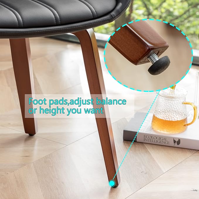 Mid Century Modern Faux Leather Upholstered Dining Chairs,Armless Accent Chairs with Sturdy Natural Wood Legs,Bamboo Backrest Support for Kitchen&Dining Room Chairs(Set of 2,Black PU)