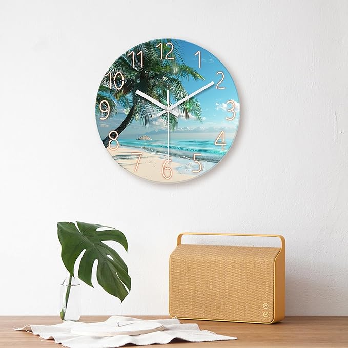XFM Beach Wall Clock Silent Non-Ticking Battery Operated Clocks 16 Inch Blue Ocean Tropical Palm Tree Wall Clock Decorative for Living Room Kitchen Bedroom Office