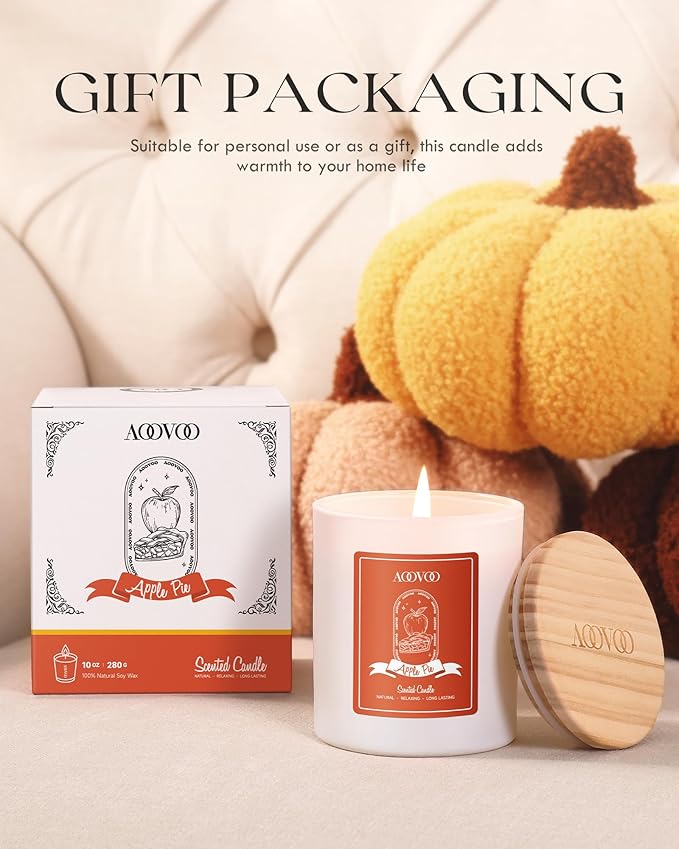 AOOVOO Apple Pie Scented Candles for Women - Aromatherapy Candle with Crystals Inside, 10oz Soy Candles for Home Scented, Birthday Gifts Christmas Candle for Women Mom