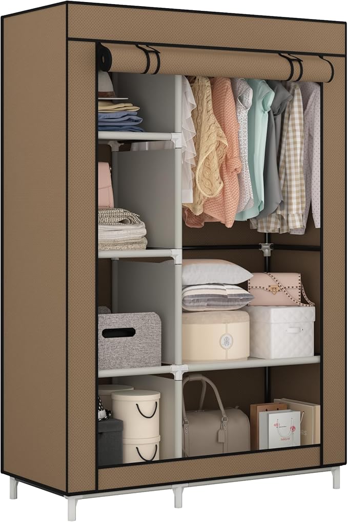 Calmootey Portable Closet Organizers, Clothing Storage, Wardrobe with 6 Shelves and Hanging Rod, Non-Woven Fabric Cover with 4 Side Pockets, Brown