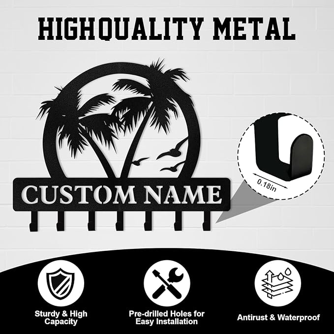 Personalized Key Holder for Wall, Beach Theme Key Holder Wall Mount with Hooks, Coconut Trees Key Hanger Wall Decor for Pool Bathroom Hallway Entryway Office, Customized Home Decor Gifts Color07