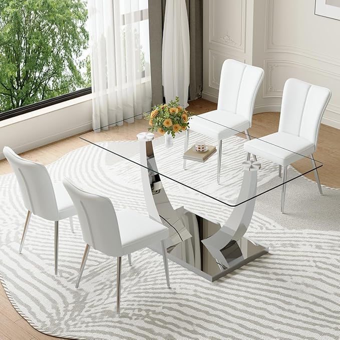 Glass Dining Table Set for 4,Dining Room Table Set for 4,Kitchen Table Set with 4 PU Leather Chairs,63'' Glass Dining Table Set with Silver U-Shaped Table Legs and Rectangular Base