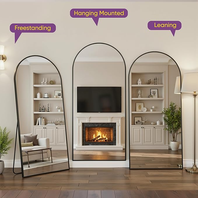 Full Length Mirror, 76"x34" Arched Floor Mirror Freestanding, Floor Standing Full Body Mirror with Stand for Bedroom, Hanging Mounted for Living Room Cloakroom, Black