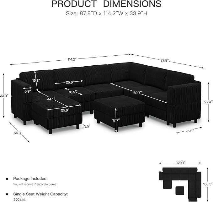 Modular Sectional Sofa 7 Seat U Shaped Couch with Storage Ottoman,Sectional Couches for Living Room,Corduroy Modular Couch in Black