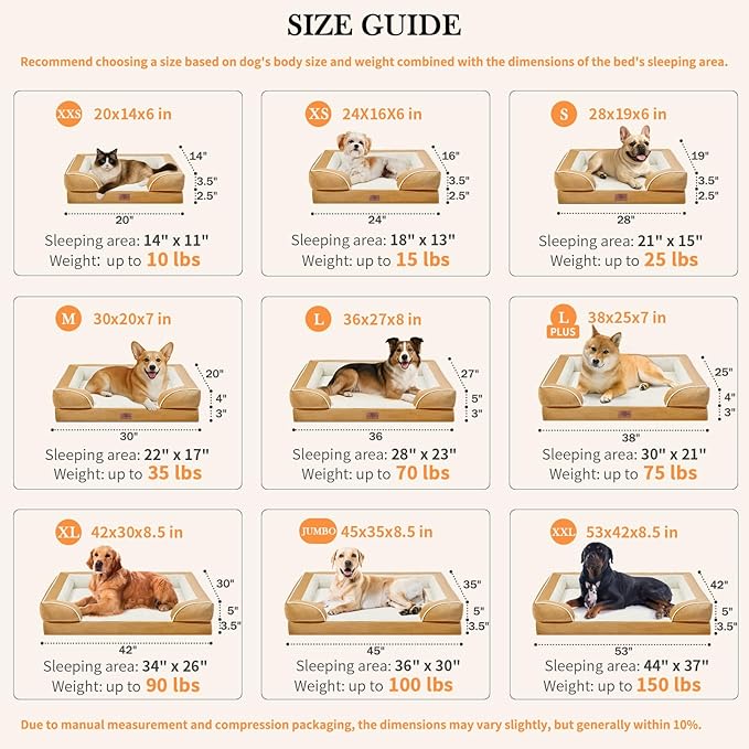 Comfort Expression Extra Large Dog Beds, XL Dog Beds Waterproof, Orthopedic Washable Dogs Beds with Bolster, Pet Sofa Couch with Removable Cover & Non-Slip Bottom(X-Large,Khaki)