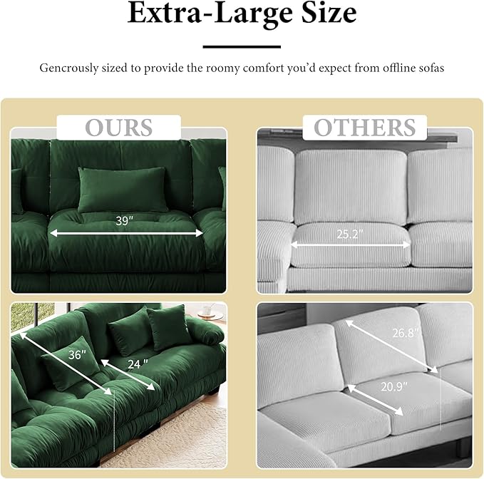 133.8" Oversized Couch, 3 Seater Modular Sectional Sofa, Green Large Sectional Couches for Living Room, Fluffy Chenille Fabric Cloud Couch with 5 Pillows, Deep Seat Sofas