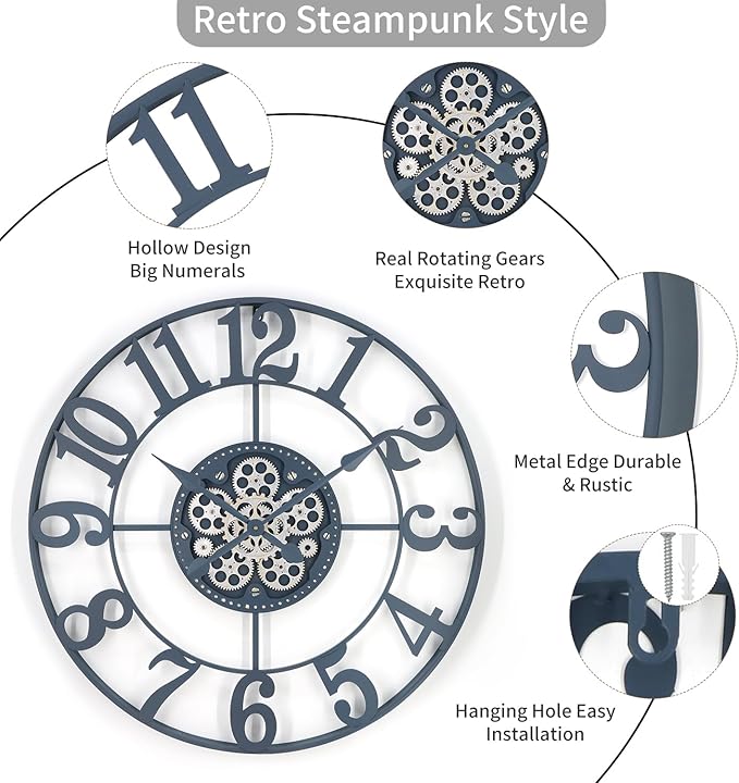29 Inch Large Wall Clocks for Living Room Decor with Moving Gears,Large Wall Clock Industrial Steampunk,Oversized Metal Analog Wall Clocks for Farmhouse Home Battery Operated