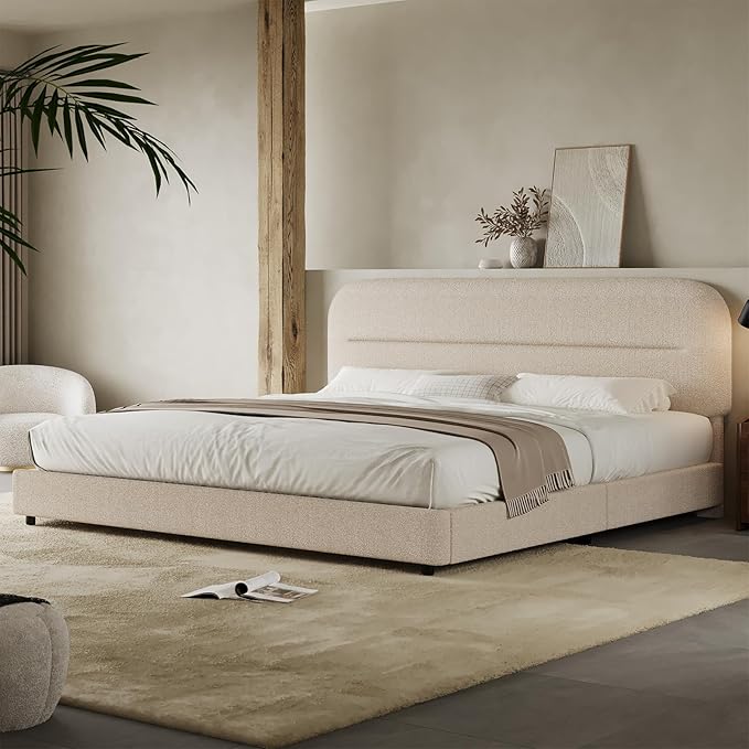 HOMBCK King Size Boucle Bed Frame, Upholstered Cloud Bed Frame with Headboard, Soft Platform Bed Frame with Thickened Footboard, Rounded Corners, No Box Spring Required, Easy Assembly, Beige