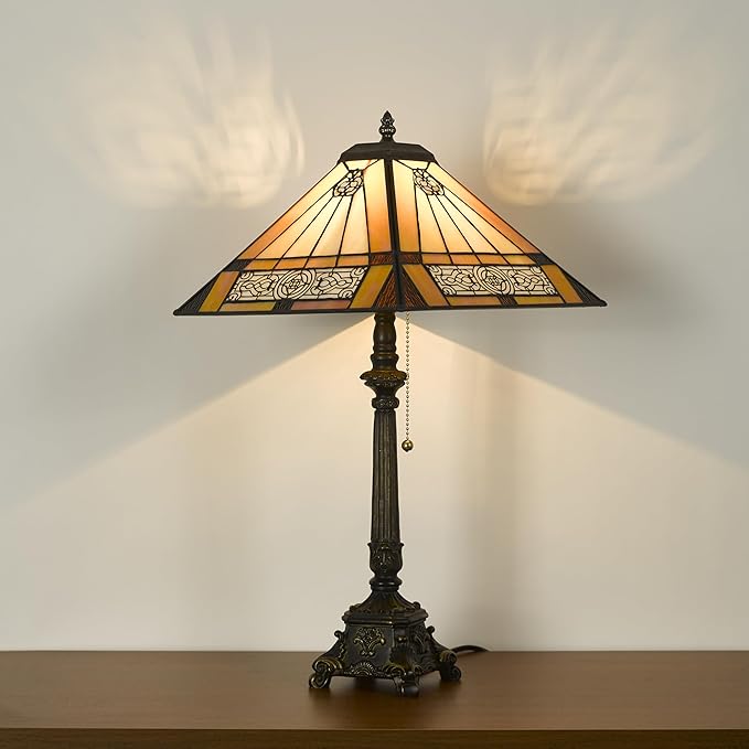 Tiffany Table Lamps Yellow Stained Glass Striped Checkered Style Mission Desk Lamp 12X12X24 Inch Bronze Resin Base