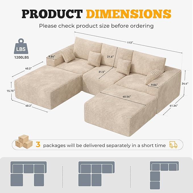 113" Modular Sectional Sofa, Convertible U-Shaped Cloud Couches for Living Room with Ottoman, 5 Seater Corduroy Boneless Couch Sofa Set, No Assembly Required, Khaki 1 PCS