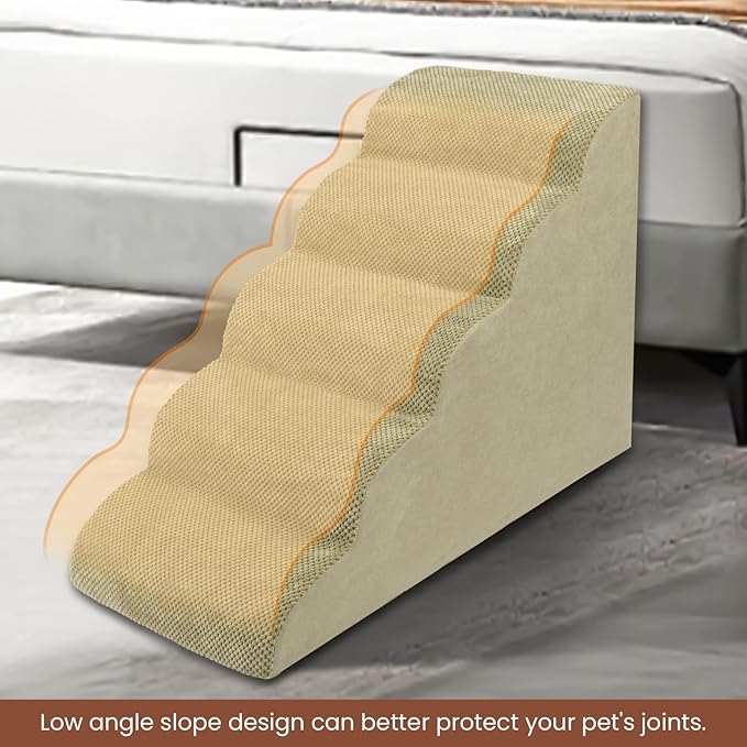 5 Steps Dog Stairs for Bed, 24" Dog Steps for High Bed, High Density Pet Steps for Small Dogs, Extra Wide Non-Slip Dogs Ramp for Injured, Older Pets, Small Cats, Camel