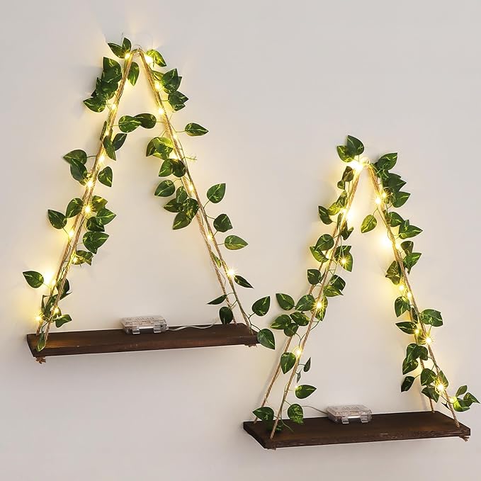 Floating Shelves for Wall, Hanging Shelves with Artificial Pothos LED String Light, No Drilling Hanging Shelf, Wood Hanging Plant Shelves for Wall Décor, Boho Decor, Art Bedroom, 2 Pack