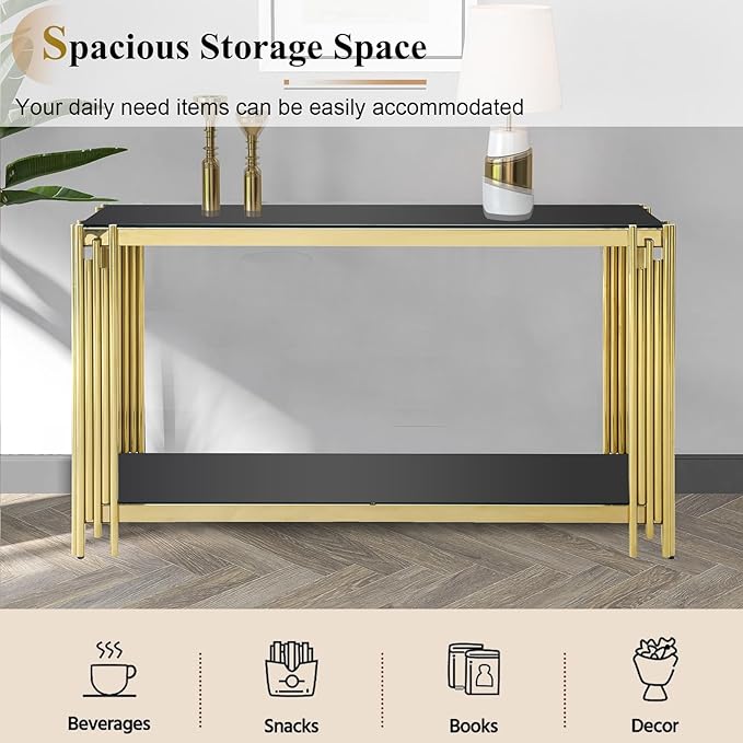 3 Pieces Glass Living Room Table Set Modern Coffee Table Console Table End Table Set with Storage 2-Tier Glass Gold Coffee Table Set w/Stainless Steel Frame for Apartment Home Office