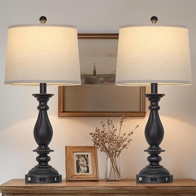 28" Tall Farmhouse Table Lamps for Living Room Set of 2,Vintage Rustic Black Bedside Touch Lamp with USB C+A Ports & AC Outlet, 3-Way Dimmable Resin Nightstand Lamp for Bedroom Entryway Office