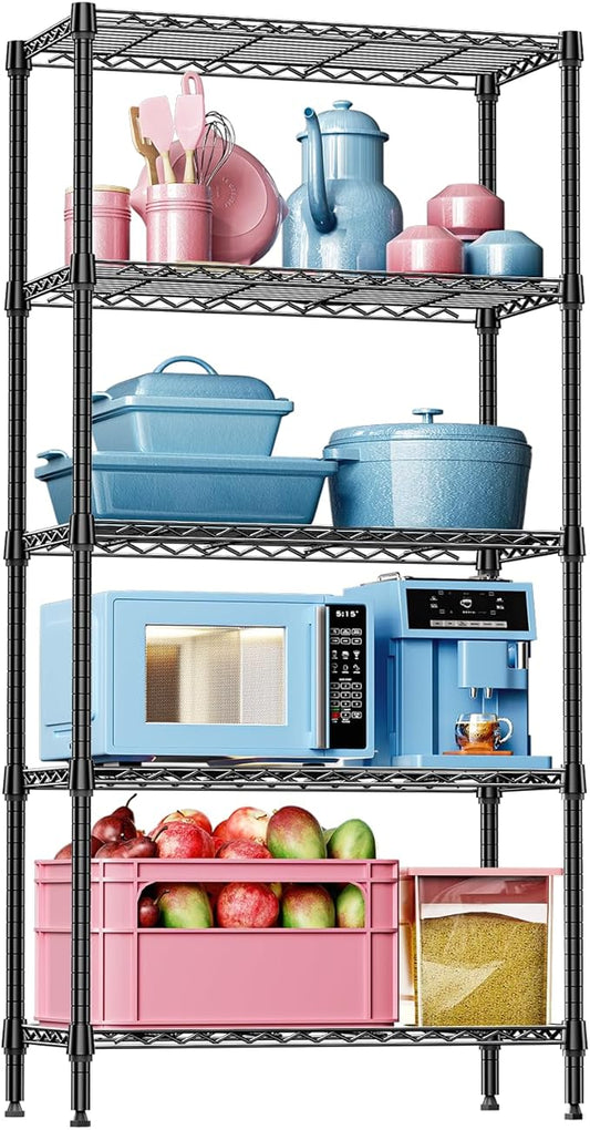 IZEUK 5 Tier Black Metal Storage Shelves, Heavy Duty Wire Shelving Rack for Garage, Kitchen, Bathroom, or Laundry Organization, 1250 lbs Capacity, 13.8" D x 35.4" W x 68.5" H