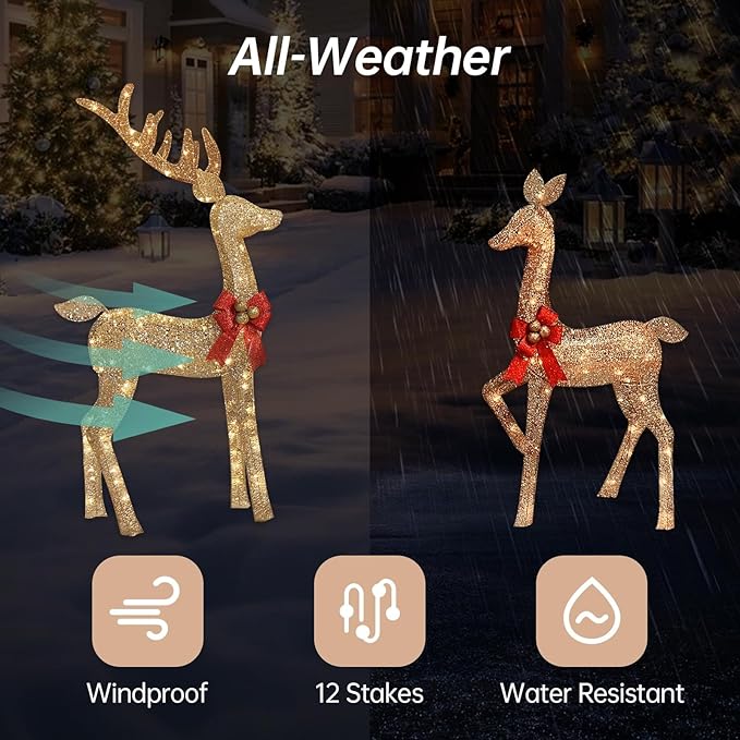 4.3 FT Outdoor Christmas Decorations Deer, 3 Pcs Family Outdoor Lighted Xmas Deer, 210 Lights 52" Buck 47" Doe 29" Fawn Large Christmas Reindeer for Garden Patio Lawn Holiday Decorations - Gold