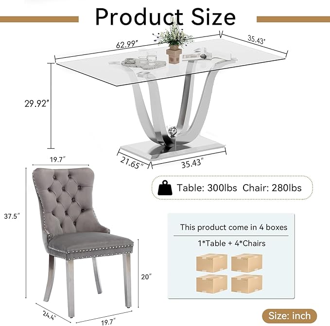 70" Modern Silver Glass Dining Table Set for 4, 5-Piece Rectangle Kitchen Dining Room Table Set with Steel Base & 4 Grey Velvet Upholstered Chairs, Modern Glass Kitchen Table and Chairs Set of 4