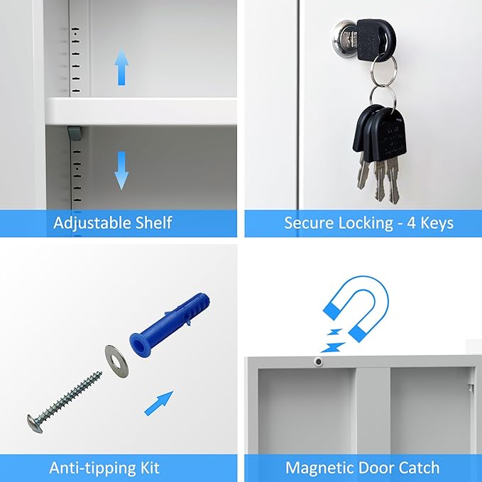 Metal Storage Cabinet with Locking Doors and Adjustable Shelves, 53.5-Inch Tall Lockable Storage Cabinets for Home Office Garage Kitchen Pantry (White)