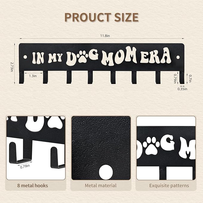 Black Modern Key Holder, 8 Hooks, 11.8x2.56 Inch, Iron, Wall Mount, Dog Leash Holder, Gifts for Dog Lovers