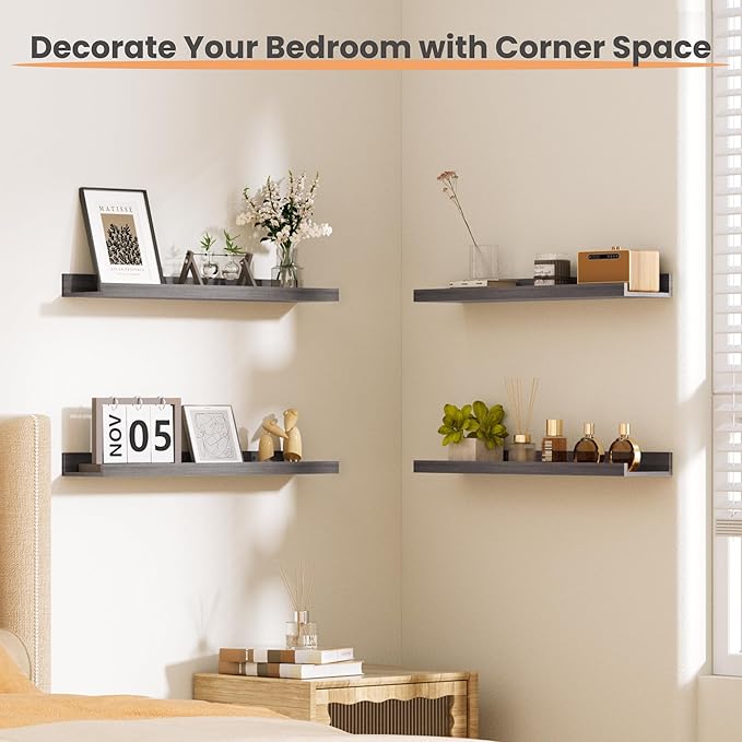 upsimples Floating Shelves for Wall, 23.6 Inch Shelves for Decor Storage Set of 6, Wall Mounted Wood Shelf for Bedroom, Living Room, Bathroom, Kitchen, Long Picture Ledge Shelves, Grey