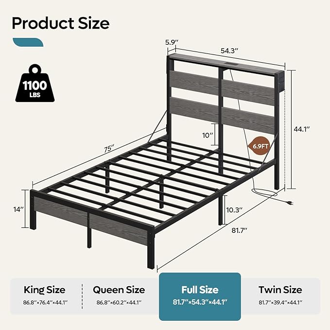 Bestier Full Bed Frame with Headboard Storage and Charging Station, Platform Bed Frame with LED Lights, Non-Slip Metal Bed Frame Full Size, Noise-Free, Easy Assembly, Grey