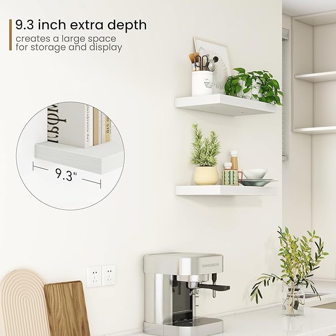 Fun Memories Deep Floating Shelves - 16" W x 9.3" D x 1.6" H Rustic White Wall Shelf - Wall Mounted Shelves for Storage - Wooden Shelves with Invisible Brackets for Living Room, Farmhouse - Set of 2