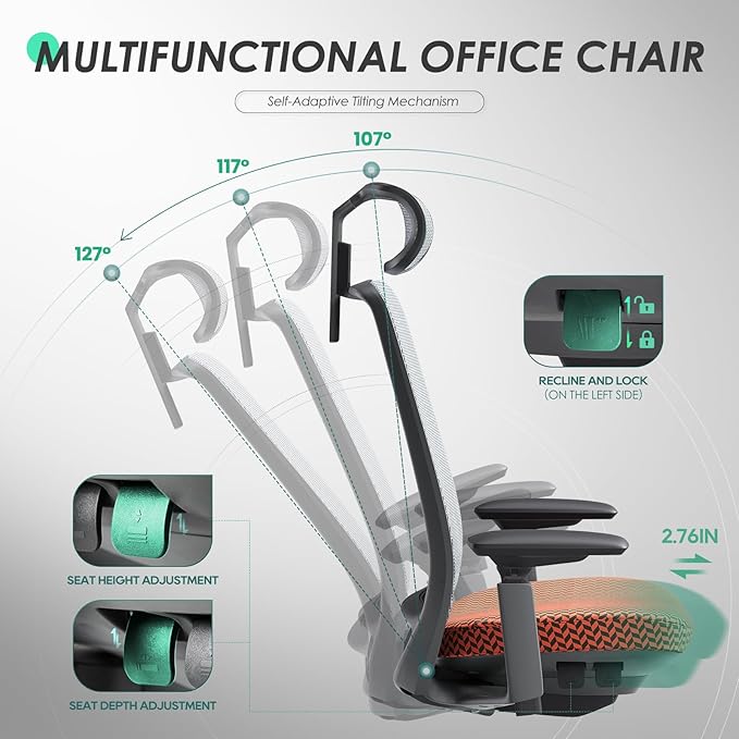 COLAMY Ergonomic Office Chair, Mesh Desk Chair with High Back, Lumbar Support, Adjustable Headrest and 4D Arms, Slide Seat, Tilt Lock-Coral