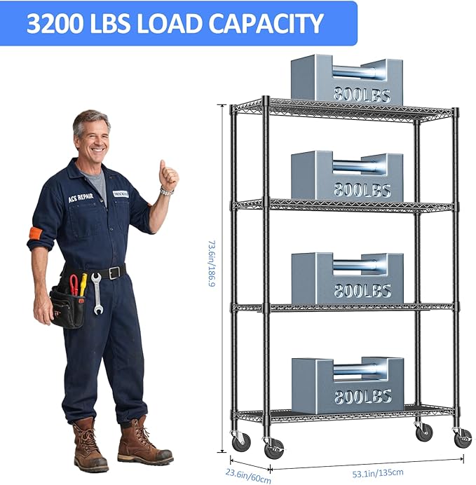 IZEUK Heavy Duty Garage Shelving, 4 Tier Wide Metal Storage Shelf Rack, Adjustable Utility Organizer for Basement, Warehouse, Garage, Black, 23.6" D x 53.1" W x 73.6" H