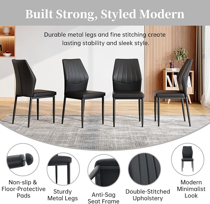 63" Modern Black Dining Table Set for 6 with Chairs, 7 Piece Rectangular Dining Room Table and 6 PU Leather Chairs, Kitchen Dining Set with Matte Wood Finish, Geometric Base, Easy Assembly