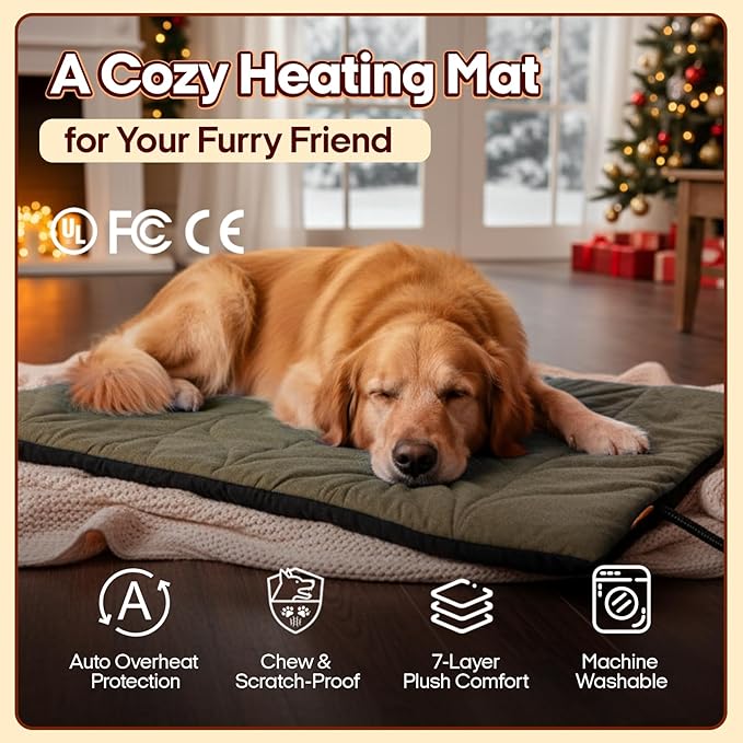Dog Heating Pad (48"x28") - Waterproof Electric Heated Mat & Pet Bed for Indoor and Outdoor Use, Chew Resistant Cord, Machine Washable Cover with Wheat Pattern Quilting, for Cats and Pets