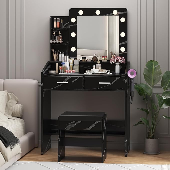 Vanity Desk with Mirror and Lights for Bedroom, Marble Black Modern Makeup Table with 2 Drawers, 3 Light Modes & Dimmable LED, Includes Stool