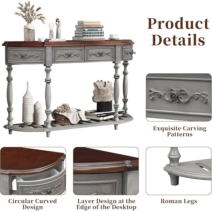 HMFULE Retro Curved Console Table, 52" Solid Wood Half Moon Sofa Table Entryway Table with 4 Drawers 1 Open Shelf for Living Room,Entryway,Hallway,Grey